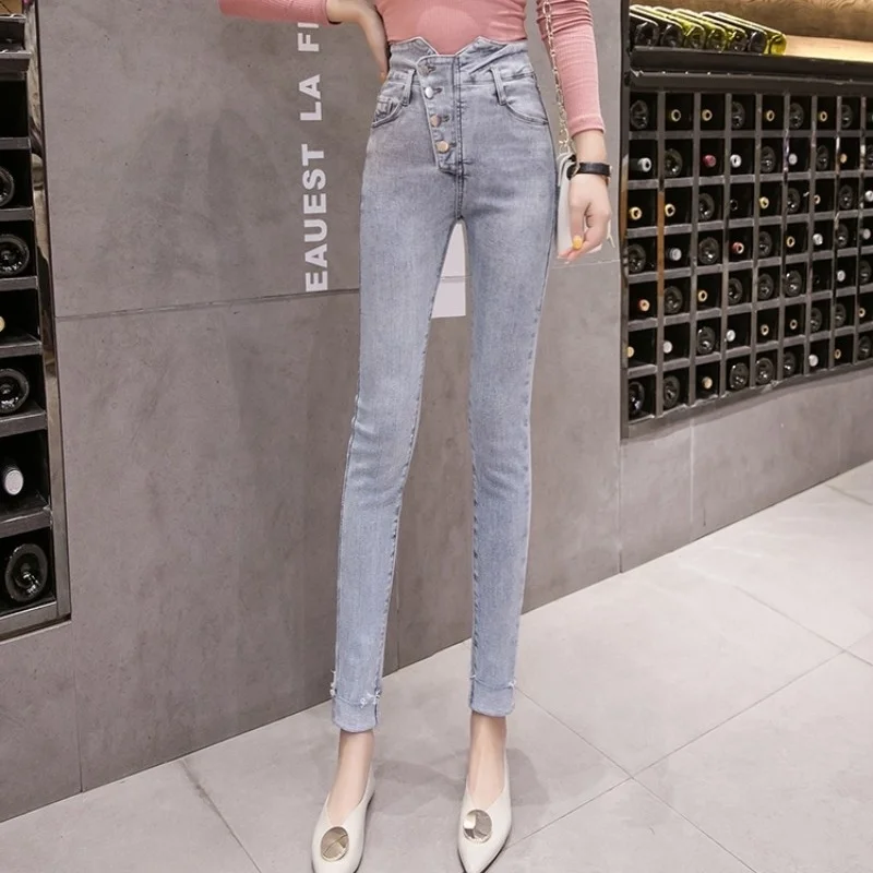 Office Fashion Lady Elegant Skinny Push Up Denim Pants Female Single Breasted Elastic High Waist Jeans Straight Pencil Trousers