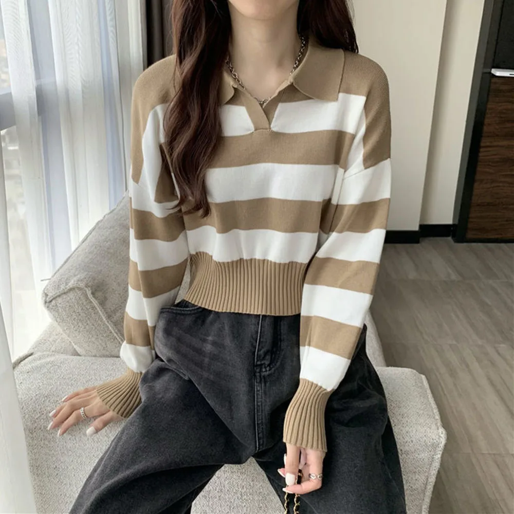 Korean Version Casual And Chic Autumn Winter Retro Lapel Knit Sweaters Women Wild Polo Collar Striped Pullover Short Tops Female