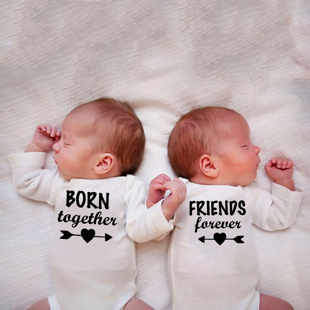 1 Pc Born Together and Friends Forever Baby Autumn Long Sleeves Jumpsuit Twins Baby Bodysuits Toddler  Casual Ropa