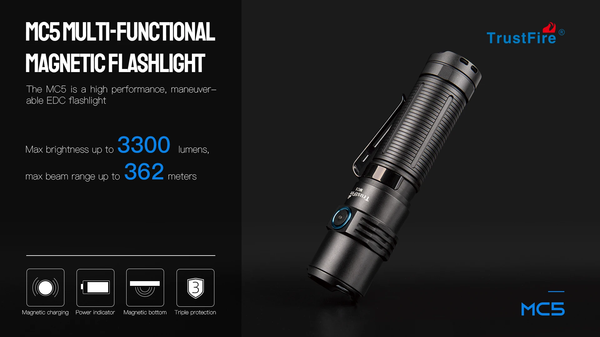Trustfire MC5 LED Flashlight 3300Lumen Rechargeable Lamp EDC 21700 Battery Torchs with Magnetic USB Charging and Power Indicator