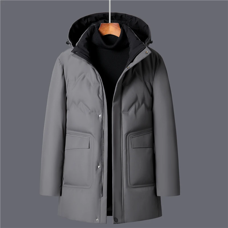 Legal chique inverno longo para baixo jaqueta masculina casual grosso quente chapéu destacável pato branco para baixo homens casacos de inverno com capuz