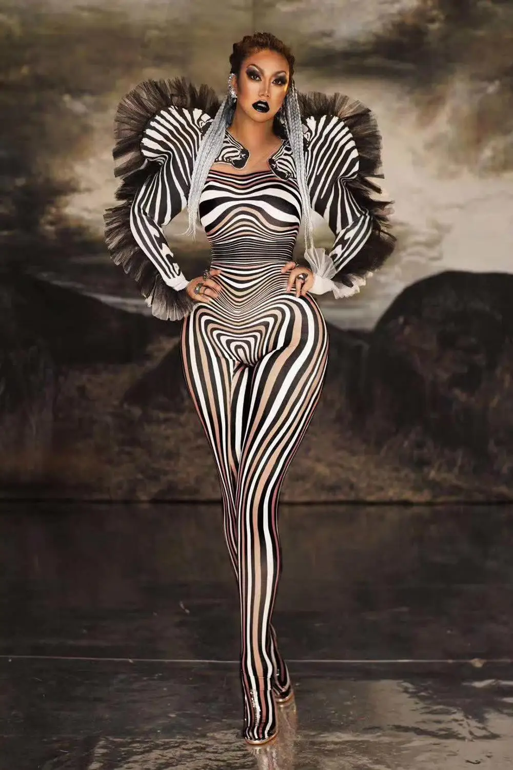 STOCK New Fashion Zebra Pattern Jumpsuit Women Singer Sexy Stage Outfit Bar DS Dance Cosplay Jumpsuit Performance Show Costume