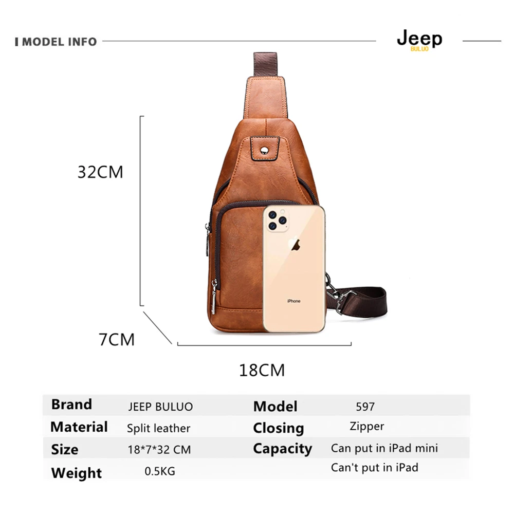 JEEP BULUO Crossbody Bags Men Fashion Casual Chest Pack Short Trip Messengers Chest Bag Water Repellent crossbody bag Male Young