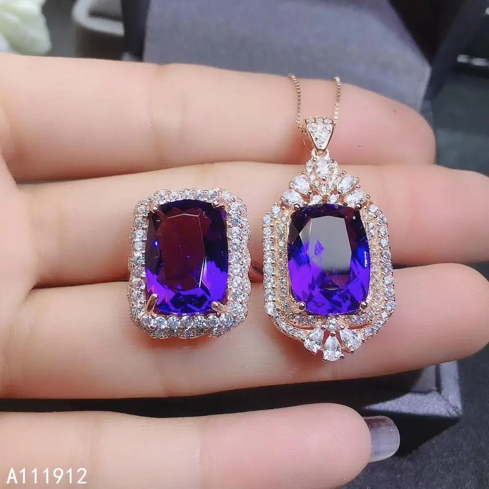 

KJJEAXCMY fine jewelry Amethyst 925 sterling silver women pendant necklace chain ring set trendy