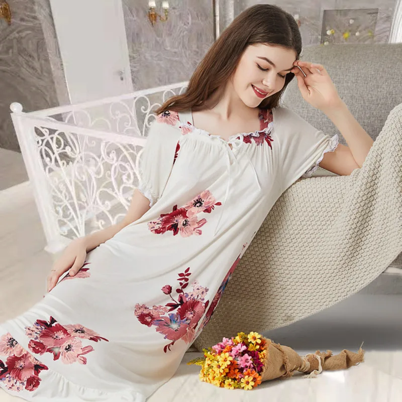 Summer Womens Nightgown Floral Cotton Short Sleeve Vintage Nightdress Lace Long Sleepwear Sexy Home Night Dress Nightwear Women