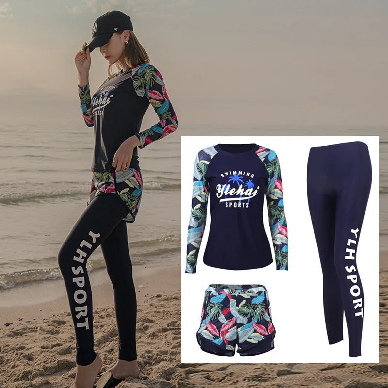 

Women's Long Sleeve Sun UV Protection Rashguard Swimwear Athletic Tankini Bathing Suits Swim Shirt Leggings Trunks 3-Piece Set