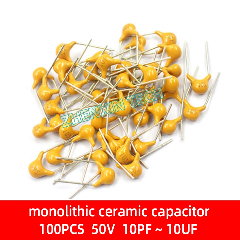 100pcs 10pF~10uF Multilayer Ceramic Capacitor 50V (100~106) 102 103 104 105 39 820pF 1 22 33 47 56 68 100 nF 0.01 0.1 uF P5.08mm