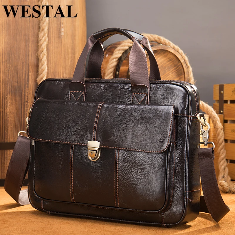 WESTAL Men\'s Briefcase Genuine Leather Laptop Bag 14 Men\'s Leather Handbags Office Bag for Men Porte Document  Bags for Man 315