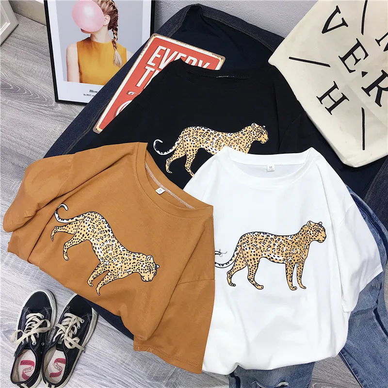 Hirsionsan Korean Summer Leopard T Shirt Women 2023 Cotton Loose O-Neck Short Sleeve Tees White Harajuku Black Punk Woman Tops