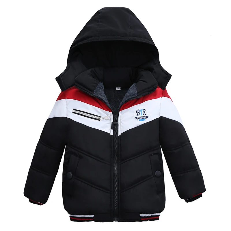 Baby boy winter cotton jacket letter printing plus velvet warm hooded padded coat thickened 2-5years old Beibei quality clothing