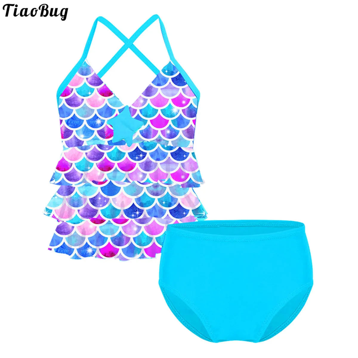 

TiaoBug Summer 2Pcs Kid Girls Tankini Mermaid Scales Printed Starfish Bikini Swimsuit Swimwear Bathing Suit Set Tops With Bottom