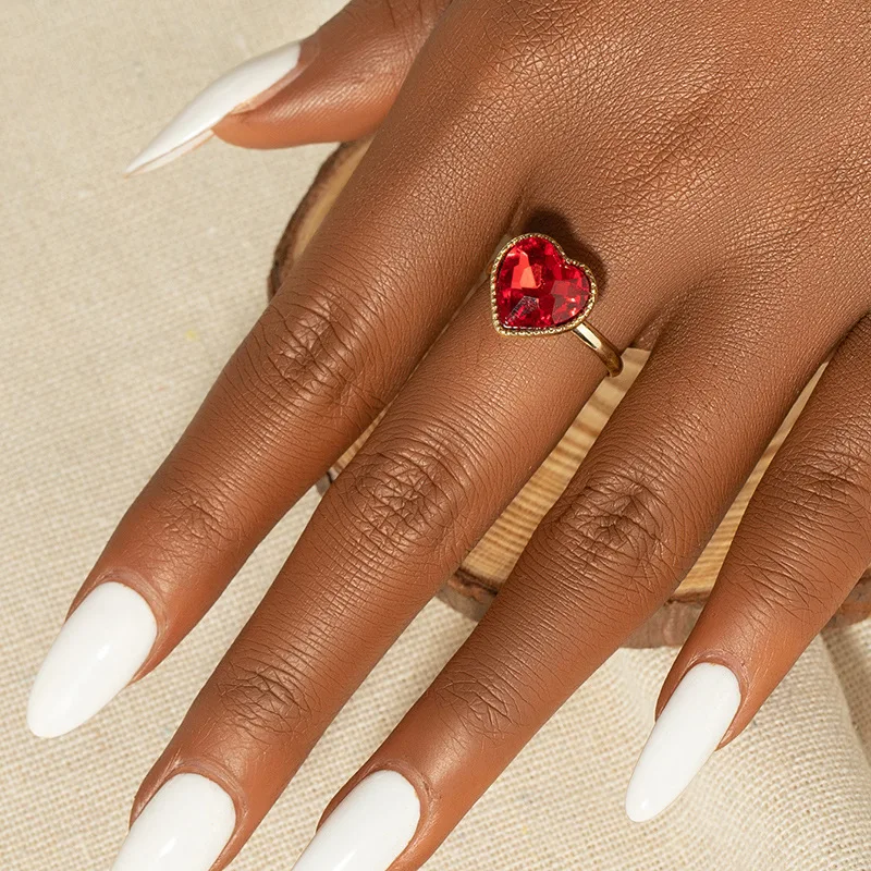 Luxury Red Crystal Heart Rings for Women Gold Metal Adjustable Female Bridal Wedding Open Rings Engagement Party Promise Jewelry