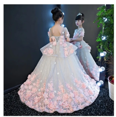 Real Picture New Luxury Flower Girls Dress Princess Dress Lace 3D Flowers Applique Puffy Tulle Kids Birthday Gown costume