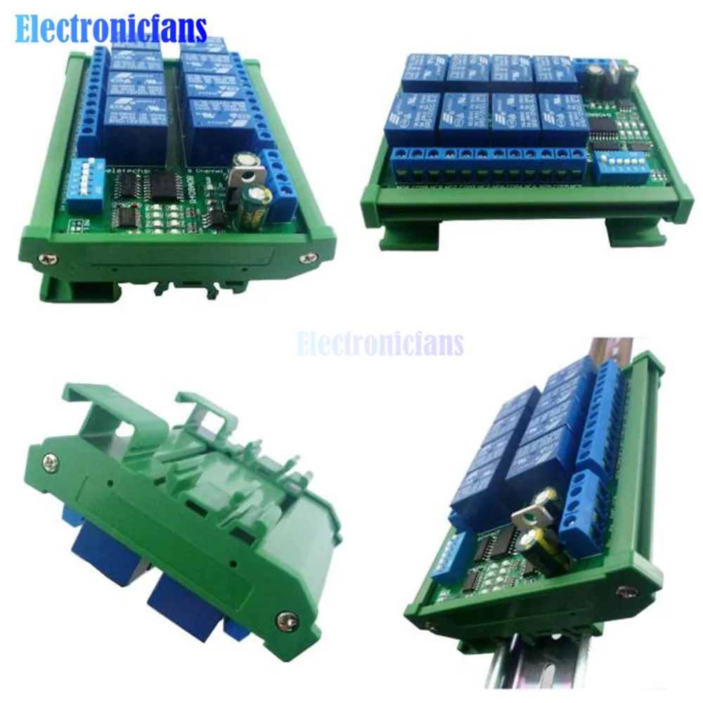 DC 12V 8 canali modulo relè RS485 protocollo Modbus RTU telecomando scheda di espansione PLC con scatola guida DIN