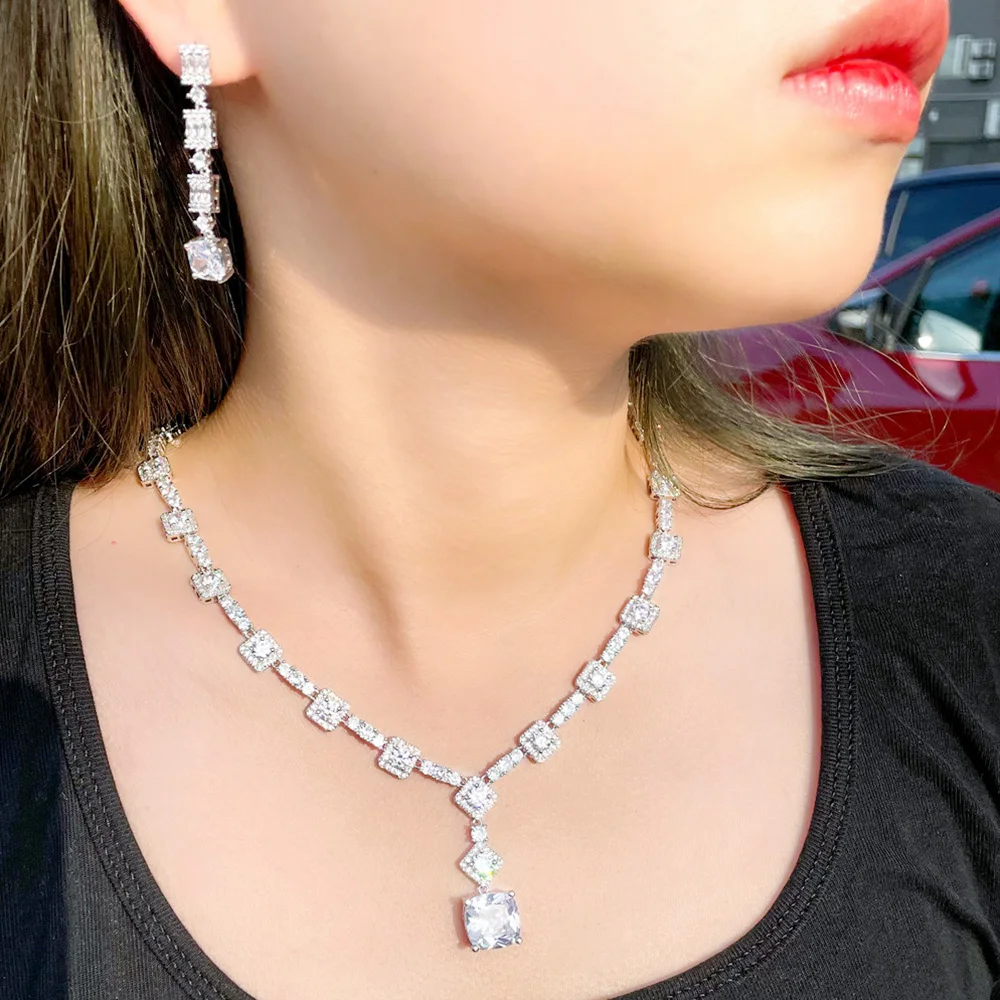 

Pera Clear White Cubic Zirconia Long Dangle Square Shape Link Pendant Necklace and Earrings Sets for Women Banquet Jewelry J490