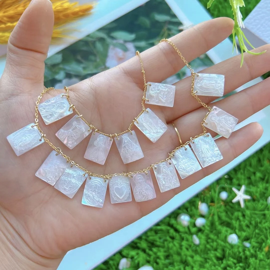 10Pcs Virgin Mary natural shell pendant necklace 2022 Mother of Pearl Shell Square Religion pendant necklace for women