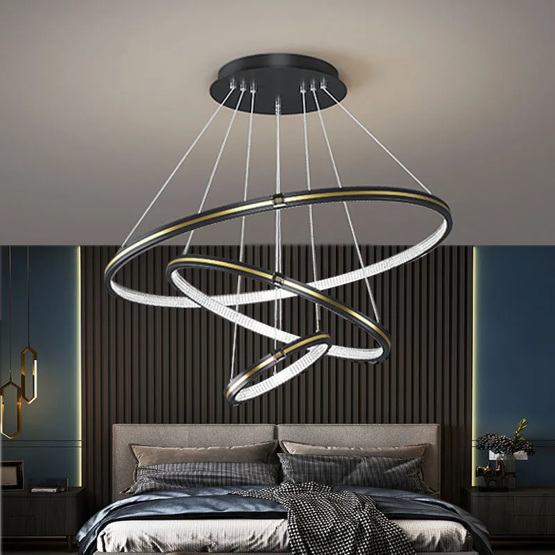 Nordic Minimalist Luxury Black Gold 3 Layer Round LED Chandelier for Bedroom Living Dining Study Room Loft Home Indoor Lighting