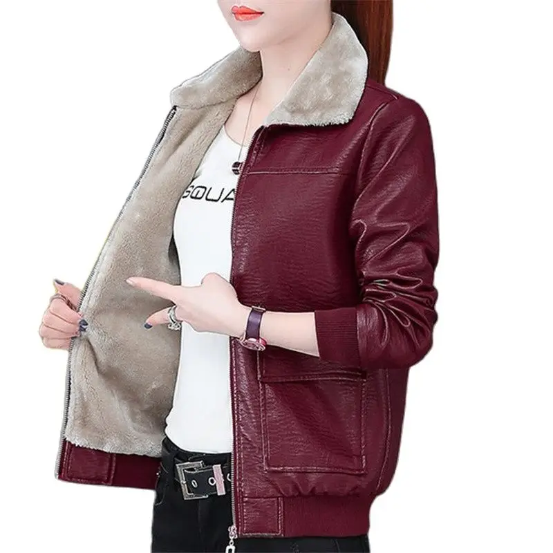 

Women PU Leather Jacket Autumn Winter New lambswool Lined Warm Leather Overcoat Female High-end Leather Coat 4X