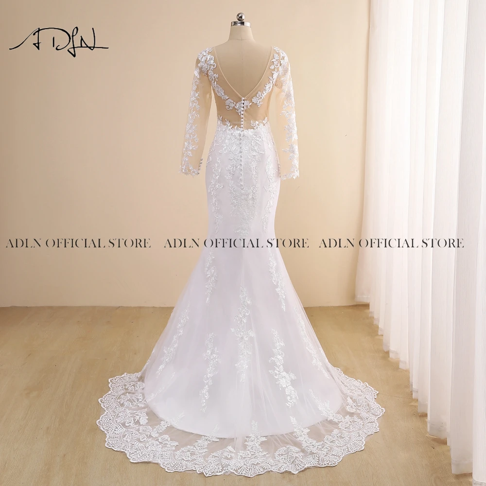 ADLN Lace Wedding Dresses Sexy V-neck Illusion Bodice Full Sleeves Bridal Gown Robe de Mariee Appliqued Bride Dress Customized