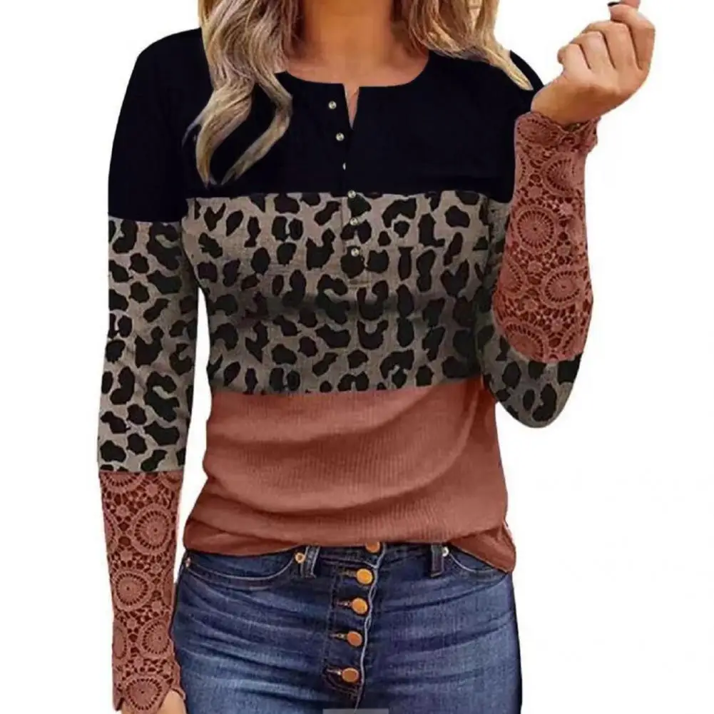 

Buttons Decor Soft Color Block Lace Stitching Sleeve Blouse for Home