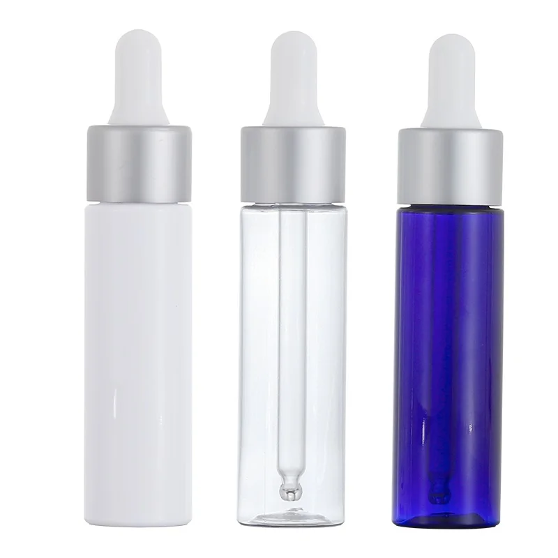 50pcs Empty Essential Oil Bottle 30ml Matte Silver Ring White Top Cosmetic Packaging Blue Clear Plastic Refillable Bottles