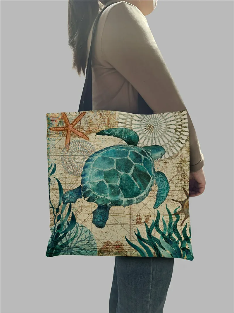 Customize Tote Bag Seahorse Turtle Octopus Print Traveling Shoulder Bags Eco Linen Shopping Bags For Women with Print