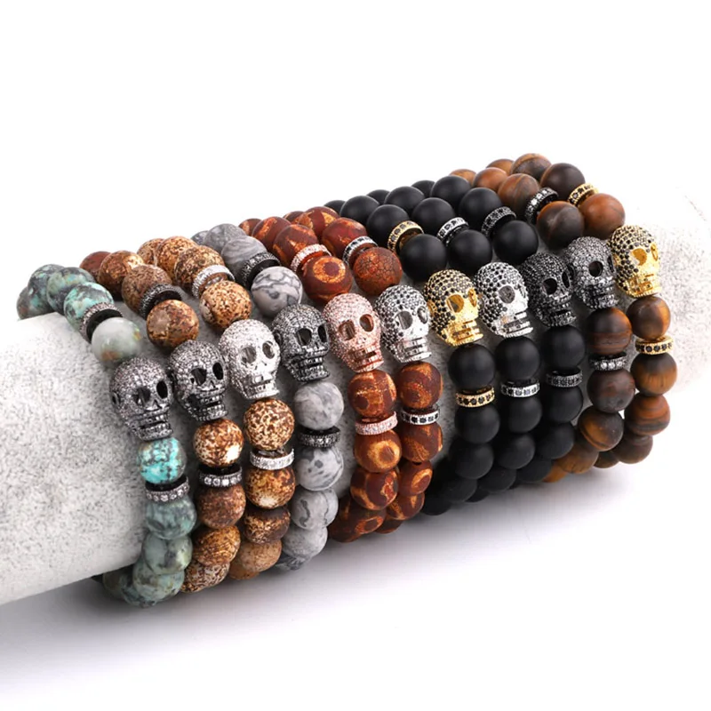 New Men Bracelet Big CZ Skull Charm Natural Stone Beads Stretch Bracelet Men Large Bracelet