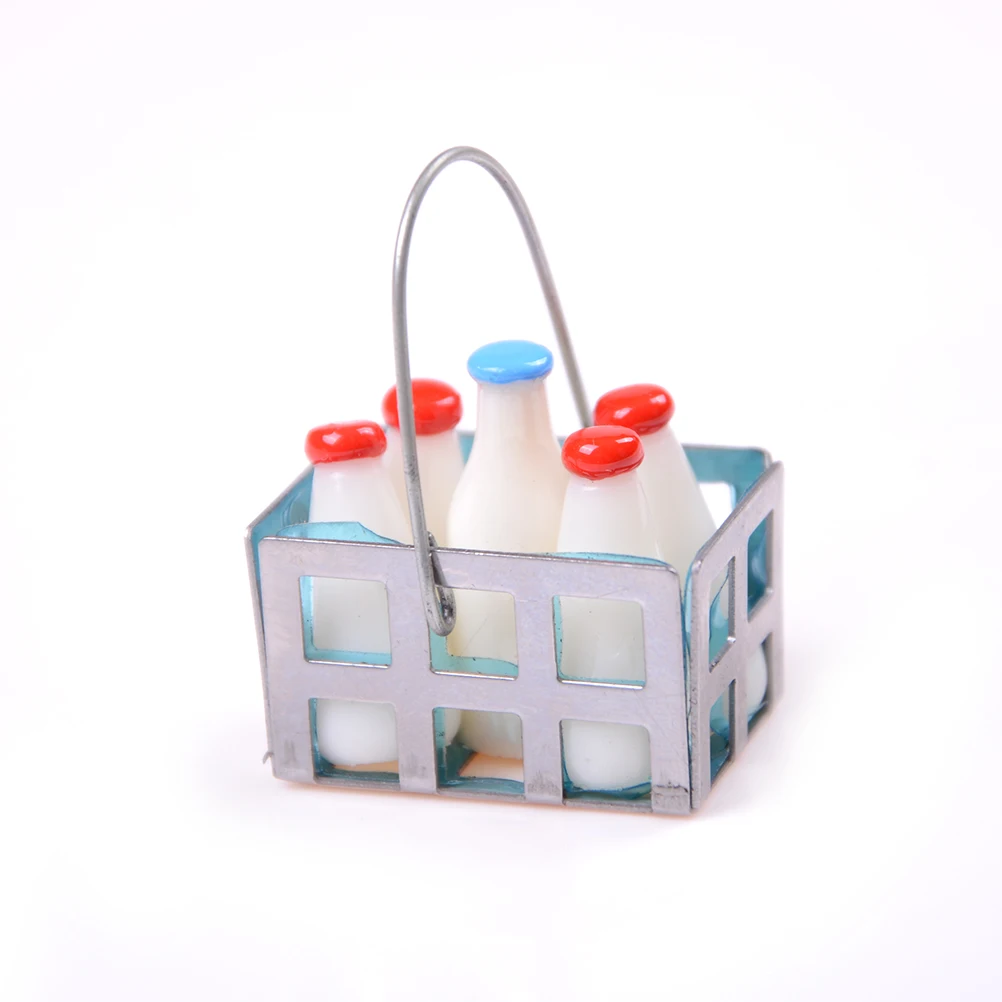 1/12 Dollhouse Miniature Milk Rack Basket Jug with Lid Bottle Dolls House Kitchen Accessories Furniture Decor Baby DIY Toys