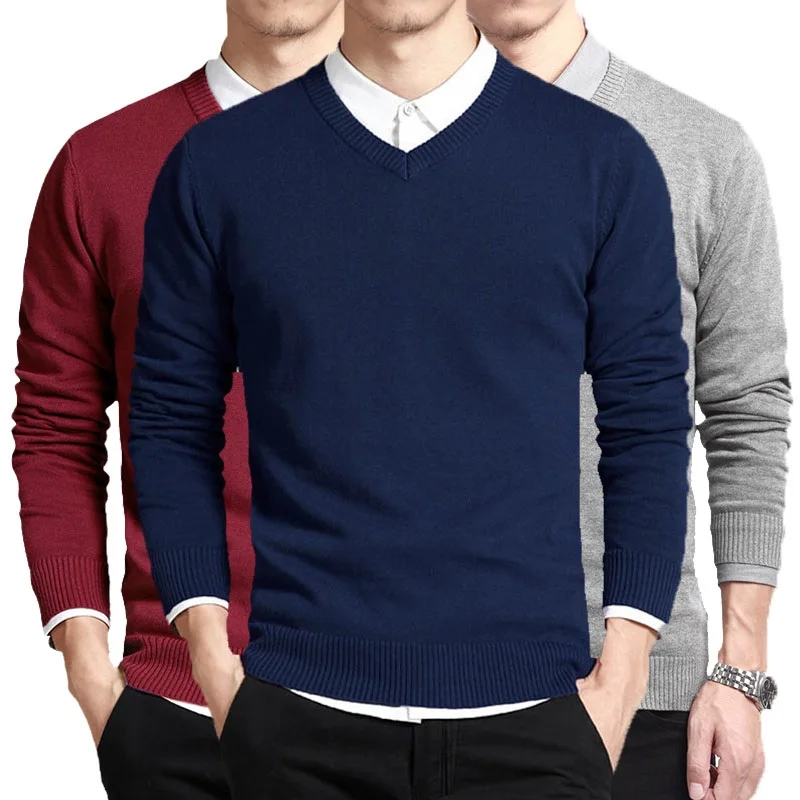 Bawełniany sweter męski z długim rękawem swetry znosić mężczyzna V Neck męskie swetry moda marka luźny krój odzież dzianinowa czerwony żółty