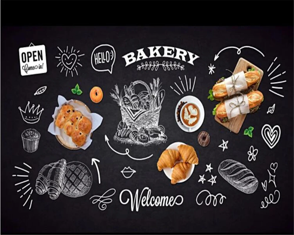 Customized size mural pizza bakery wall decoration painting black hand-painted pizza bread roasted chicken dining 3D wallpaper