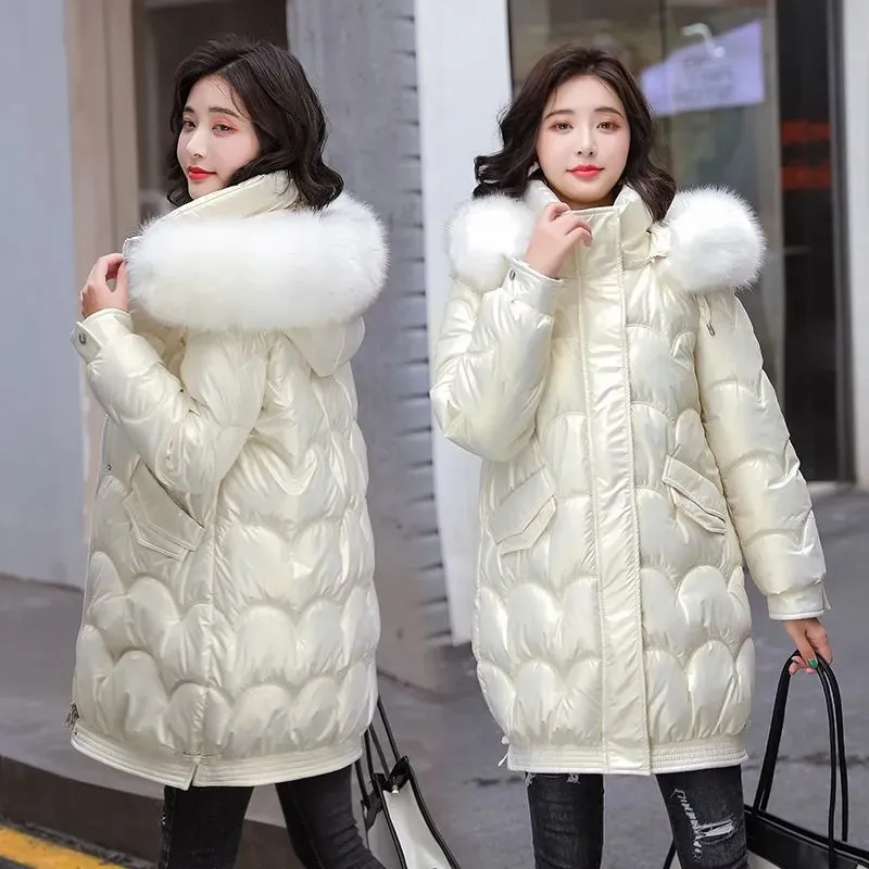 New Winter Cotton Clothes Casual Women's Parkas Detachable Hood Fur Collar Long Sleeve Solid Warm High Quality Coat Female