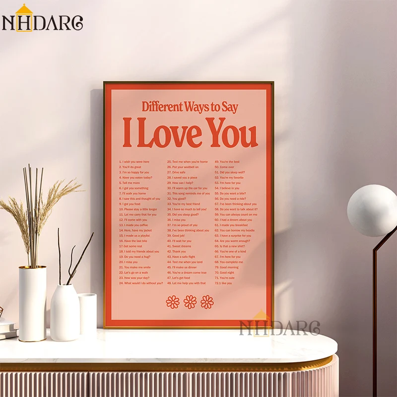 Love Theme 100 Sentence Different Ways Say I Love You Red Poster Canvas Painting Wall Art Print Picture Room Interior Home Decor