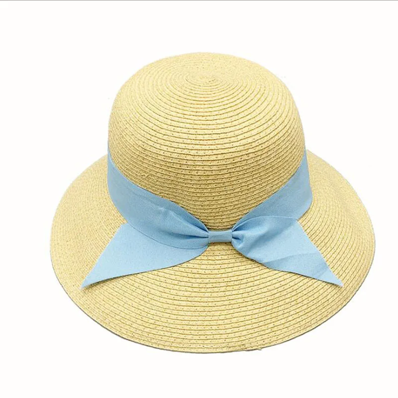 Foldable sunscreen women's large eaves dome summer monochrome paper straw bucket hats for women popular fashion nice bowtie hats