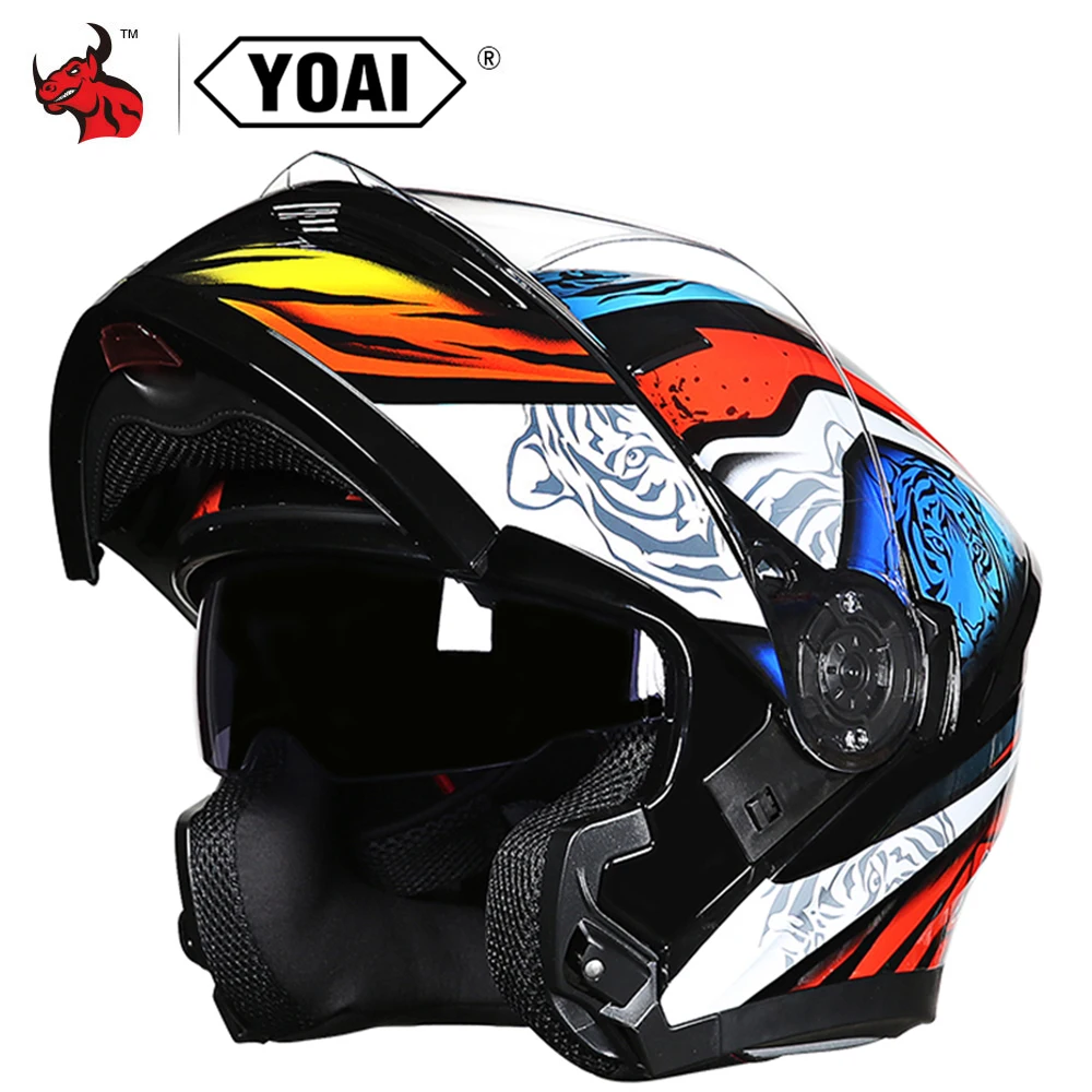 

YOAI Flip Up Motorcycle Helmet Motorbike Modular Dual Lens Motocross Moto Helmet Crash Full Face Helmets Casco Moto Casque