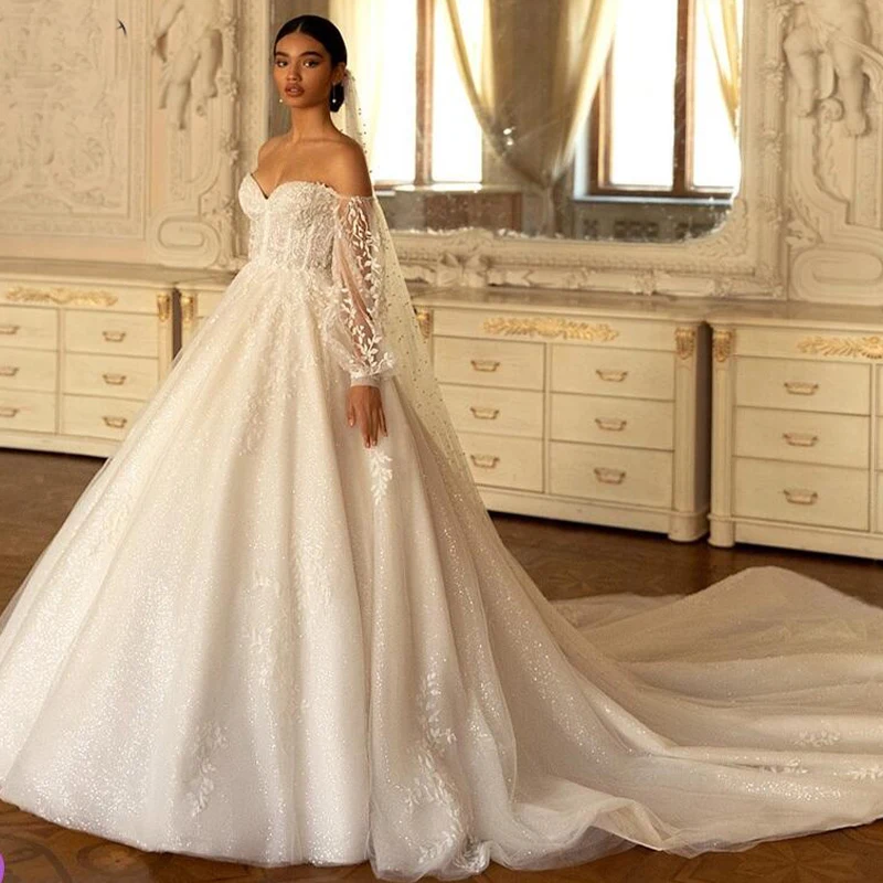 Robe de mariee Beach Wedding Dresses 2022 Puff Sleeves Flower Appliques Sweetheart A Line Tulle Bridal Gowns