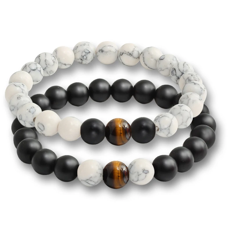 Imagen 4: 2 unids/set de pulsera de cuentas, abalorio de piedra de tigre Natural, pulseras de distancia de pareja con cuentas de ónix para mujeres, hombres, regalo para Amiga, joyería elástica