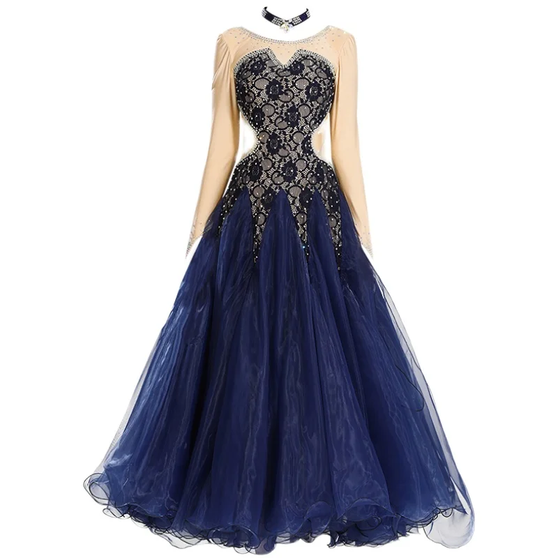 

Plus Size Lace Spliced Boat Neck Long Sleeves Women Ballroom Dance Competition Dress Waltz Tango Dress Waltz Dance Clothes