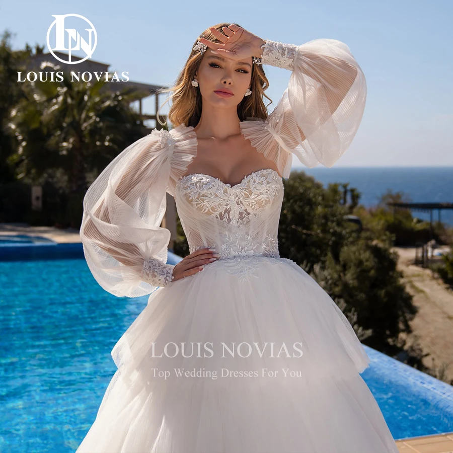 LOUIS NOVIAS فساتين زفاف على شكل حرف a للنساء مثير على شكل قلب وأكمام منتفخة قابلة للإزالة وكشكشة متدرجة مطرز بالخرز فستان زفاف بدون ظهر