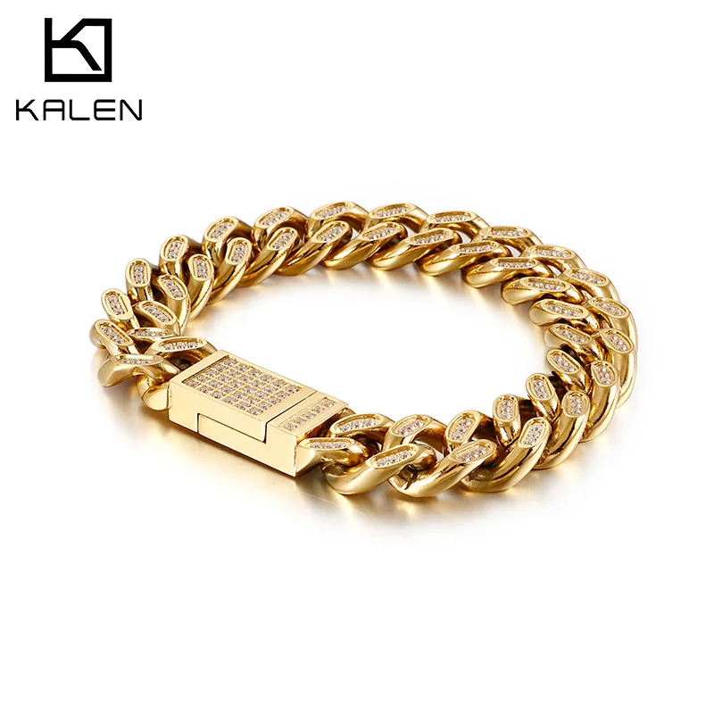 

kalen 14mm High Quality Zircon Inlay Hiphop Curb Link Chain Bracelet For Men 316 Stainless Steel Front and Back Side Available