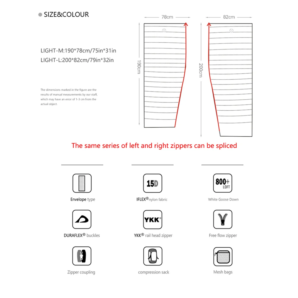 AEGISMAX Outdoor Envelope 95% White Goose Down Sleeping Bag Camping Hiking Equipment FP800 M L