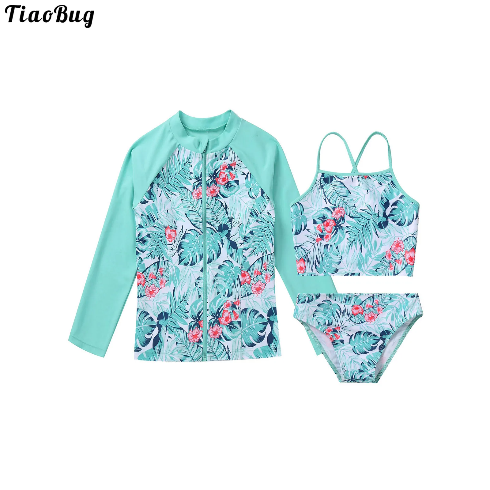 

TiaoBug Summer 3Pcs Kids Girls Swimsuit Swimwear Straps Sleeveless Tops With Briefs And Long Sleeves Front Zipper Closure Coat