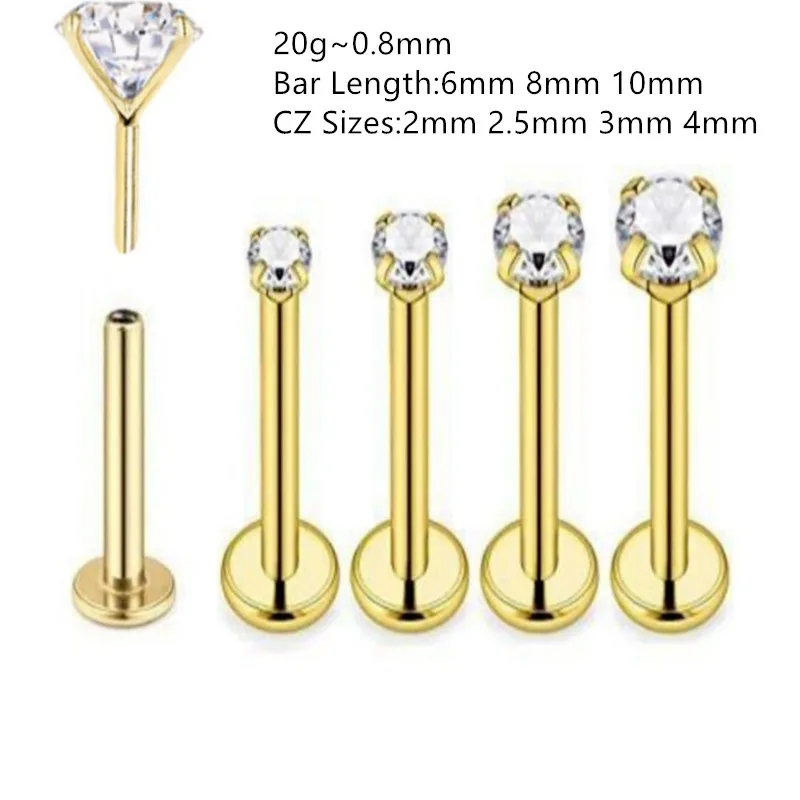 

50pcs Body Jewelry 20G Push In Nose Lip Labret Morne Earrings Stud CZ Cartilage Helix Tragus Piercings Gold