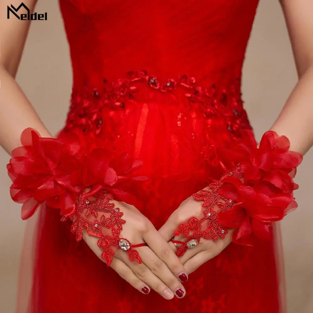 Wedding Accessories 2020  Short Red Flowers High Quality Crystal Wedding Gloves Elegant Bridal Gloves