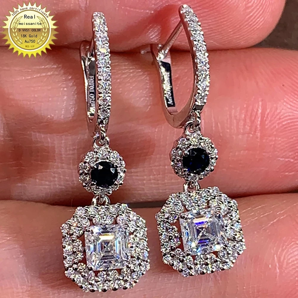 

14KAu585 Gold Drop Clip Hoop Earrings U Black Moissanite Diamonds 0.5 1 2 3 Ct Square Princess Wedding Party Anniversary