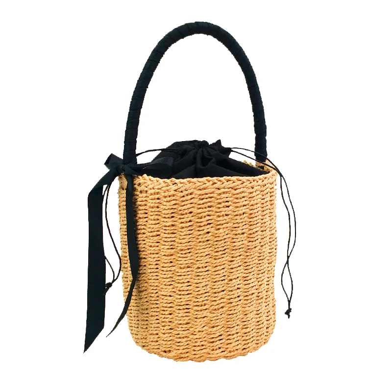 Handmade Women\'s Handbag Bucket Straw Bag Female Summer Beach Bags Bohemia Woven Bow Top-handle Tote Knitted Drawstring Basket