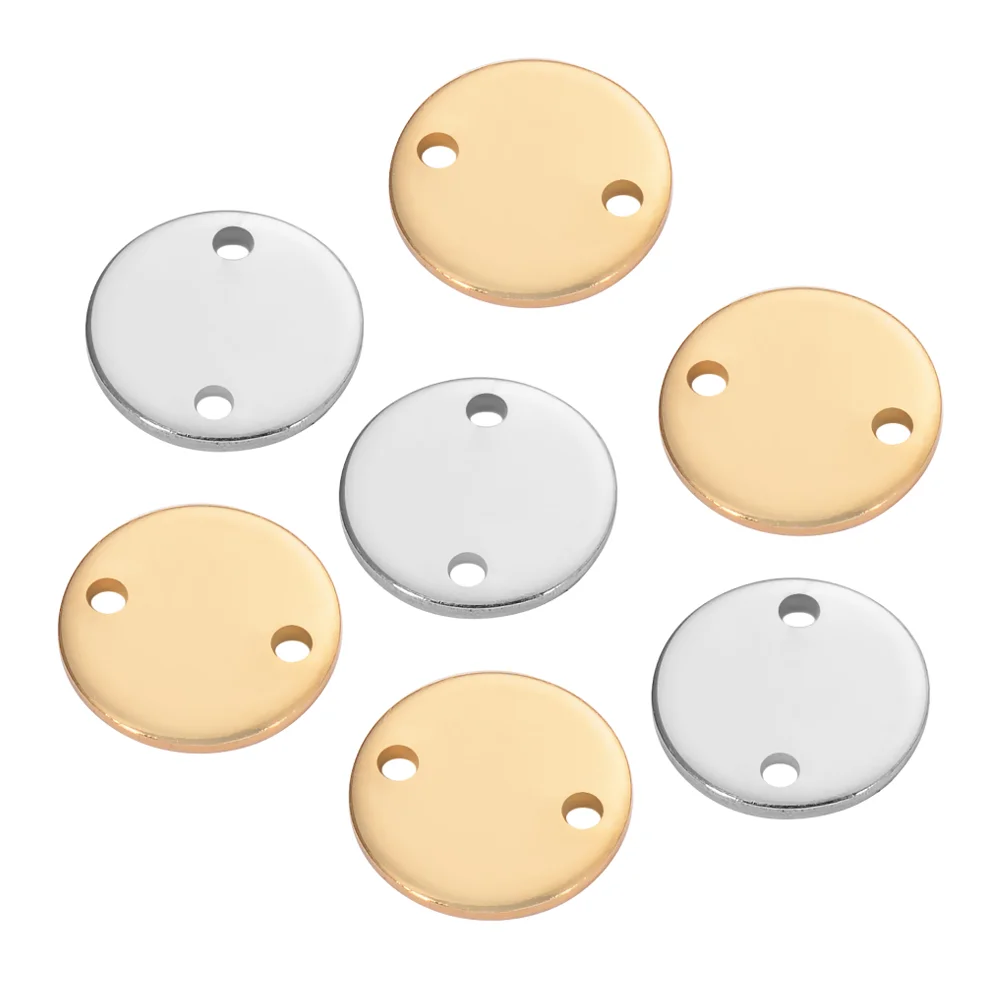 20pcs Polished Stainless Steel Gold Silver Round Blank Dog Tag Pendants 10mm 2 Holes Circle Connector DIY Charm Bracelet Jewelry