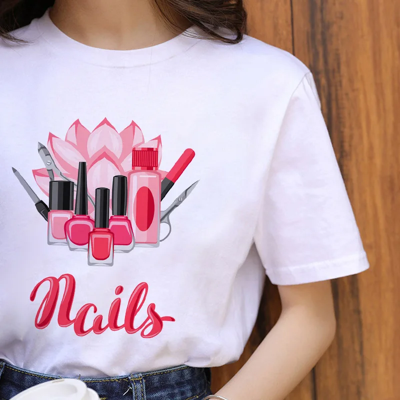 Nail Polish Luxury Kawaii Graphic T Shirt Women Tops O-Neck White Tees Funny Girls Tshirt 2022 Summer Fashion Casual T-Shirt