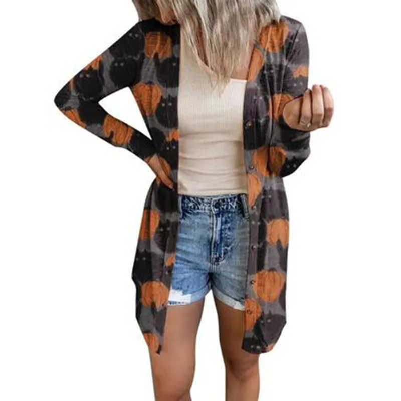 3Xl Women\'s Clothing Cardigan Jacket Autumn New Halloween Theme Printed Long Coat Cardigan Party Clothes Women\'s Coat Large Size