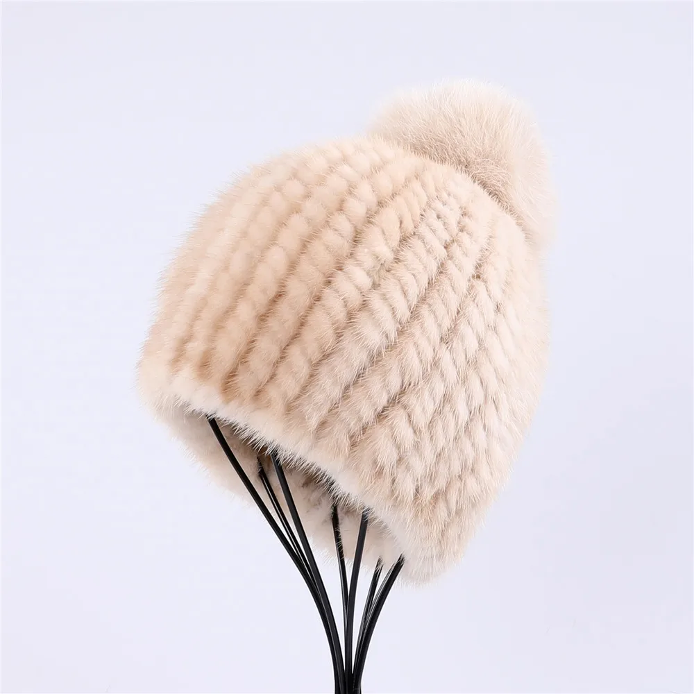 100% real mink fur hat women winter knitted beanie Russian Girls cap with fox fur pom poms thick female cap Elastic