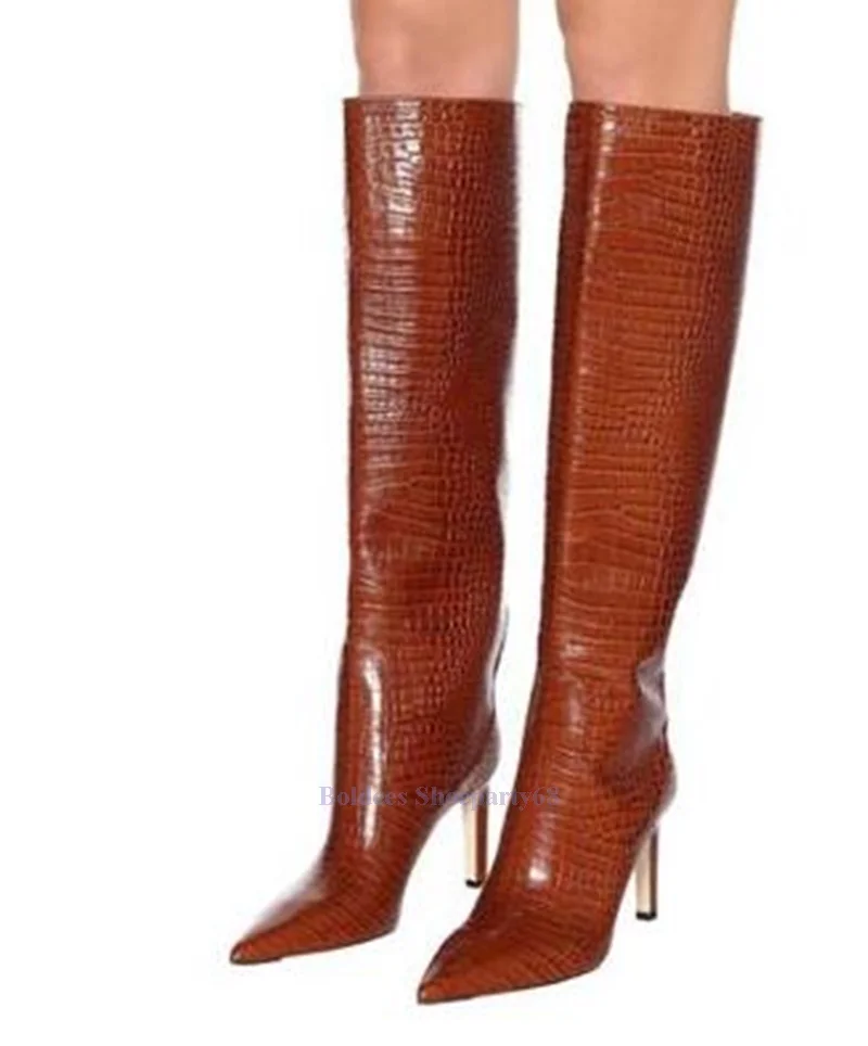 Green White Crocodile Printed Pattern Pointed Toe Sexy Thin Heeled Woman Knee High Boots Ladies Designer Long Botas Plus size 46